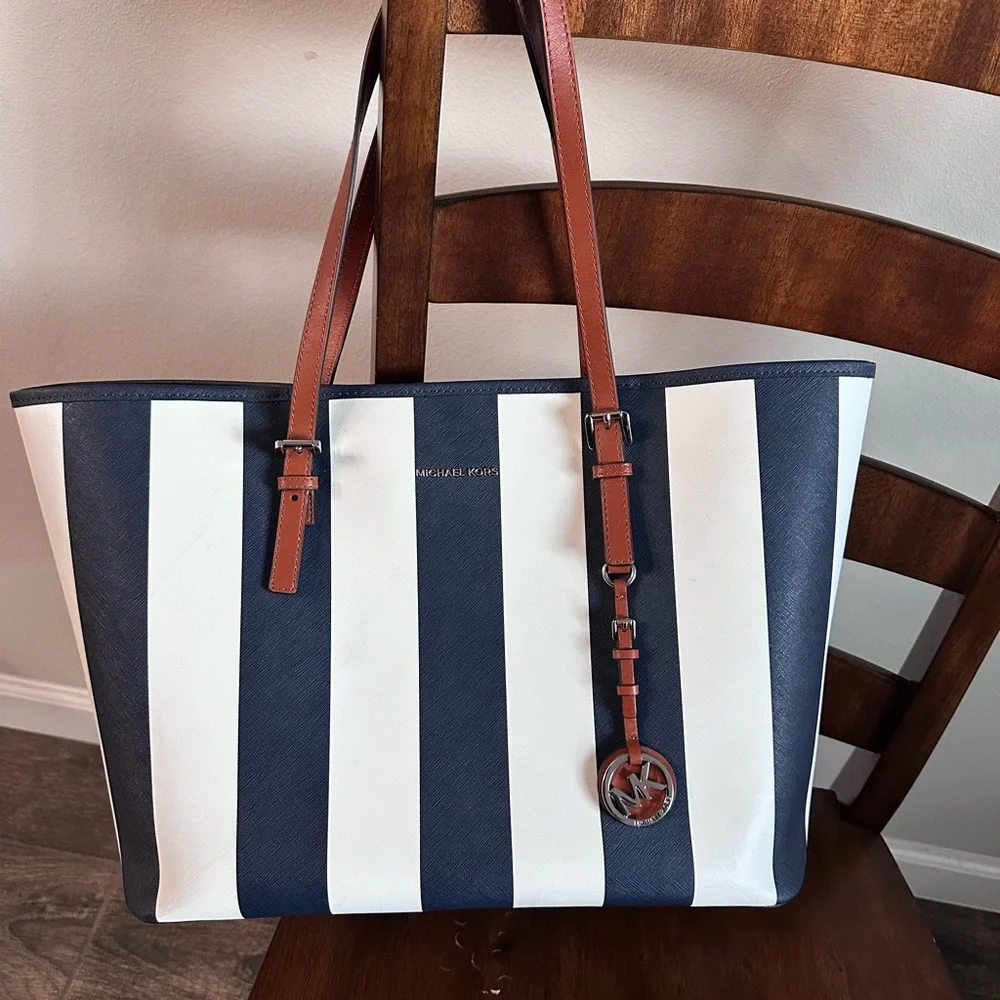 Michael Kors Striped Navy and White Tote - Picture 1 of 6